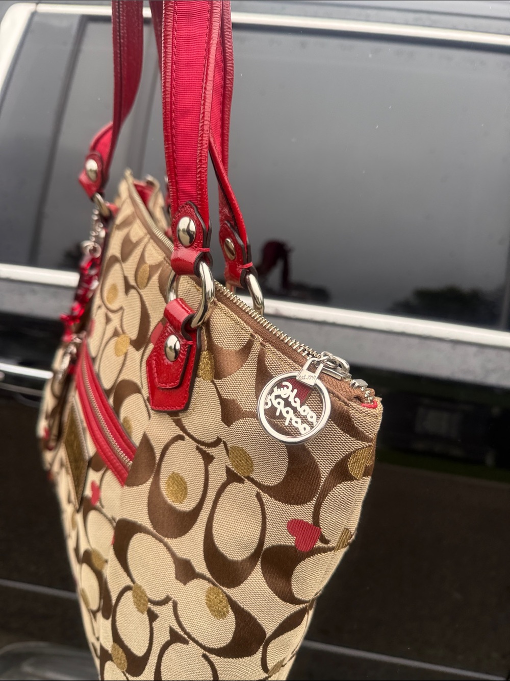 🌺❤️Coach Poppy Glam Tote 16289 Hearts Gold Dot Signature Canvas Red Leather Y2K🤎 - Picture 12 of 15